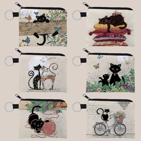Cute Cat Print Polyester Coin Purse With Keychain Mini Zipper Wallet For Women Girls Portable Small Change Pouch Bag