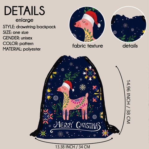 Sac à Dos à Cordon Imprimé Renne de Noël Femmes Sac de Rangement Voyage Portable Bleu Foncé Polyester Sac Festif