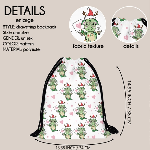 Sac à Dos à Cordon Imprimé Dinosaure de Noël pour Femmes Sac de Rangement de Voyage Portable en Polyester