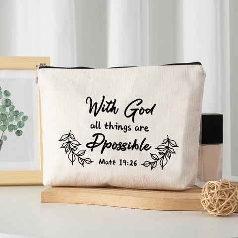 Vintage Biblical Quote Printed Polyester Makeup Bag With Zipper Beige Toiletry Travel Storage Pouch For Women Daily Cosmetic Organizer