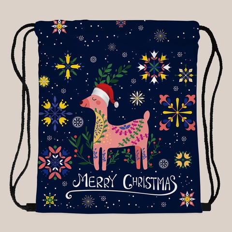 Sac à Dos à Cordon Imprimé Renne de Noël Femmes Sac de Rangement Voyage Portable Bleu Foncé Polyester Sac Festif