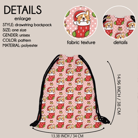 Sac à Dos à Cordon pour Femmes Motif Corgi de Noël Rose en Polyester Sac de Rangement Portable pour Voyage Cadeau de Vacances