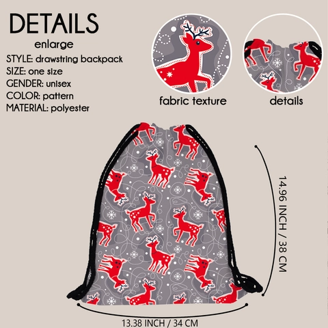 Sac à Dos à Cordon Imprimé Renne Flocon de Neige Noël pour Femme Sac de Voyage Portable Gris Polyester Sac de Rangement
