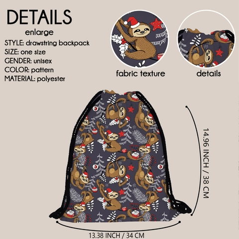 Women Christmas Sloth Pattern Drawstring Backpack Lightweight Polyester Travel Storage Bag Festive Holiday Cinch Bag
