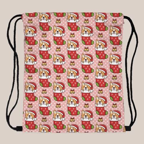 Sac à Dos à Cordon pour Femmes Motif Corgi de Noël Rose en Polyester Sac de Rangement Portable pour Voyage Cadeau de Vacances