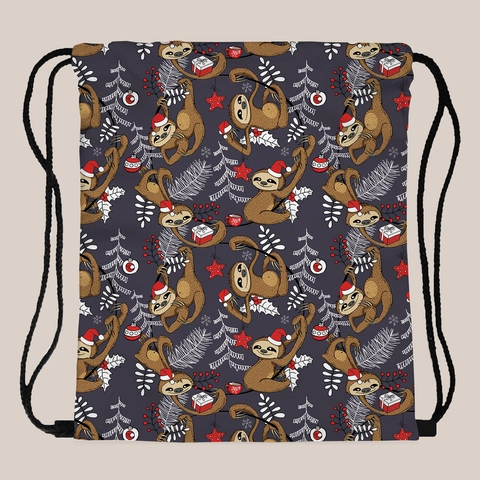 Women Christmas Sloth Pattern Drawstring Backpack Lightweight Polyester Travel Storage Bag Festive Holiday Cinch Bag