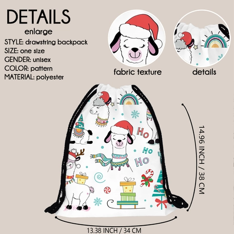 Kerstmis Lama Alpaca Print Trekkoord Rugzak Feestelijke Polyester Opbergtas Voor Dames Wit Opvouwbare Gymtas