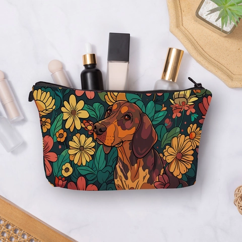 Dachshund Dog Print Makeup Bag Waterproof Polyester Toiletry Bag Portable Travel Storage Cosmetic Pouch Vintage Women