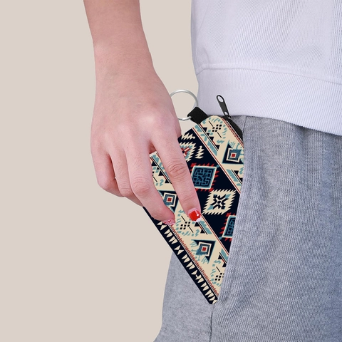 Tragbare Aztekische Druck Münzbörse Polyester Geometrische Tasche Mit Schlüsselanhänger Für Damen Mädchen Kleiner Reißverschluss Geldbeutel