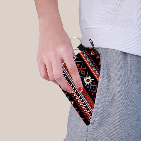 Aztec Geometric Print Mini Coin Purse Polyester Bohemian Retro Zipper Pouch With Keychain For Women Girls Daily Small Wallet