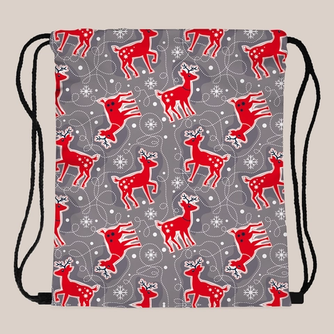 Sac à Dos à Cordon Imprimé Renne Flocon de Neige Noël pour Femme Sac de Voyage Portable Gris Polyester Sac de Rangement