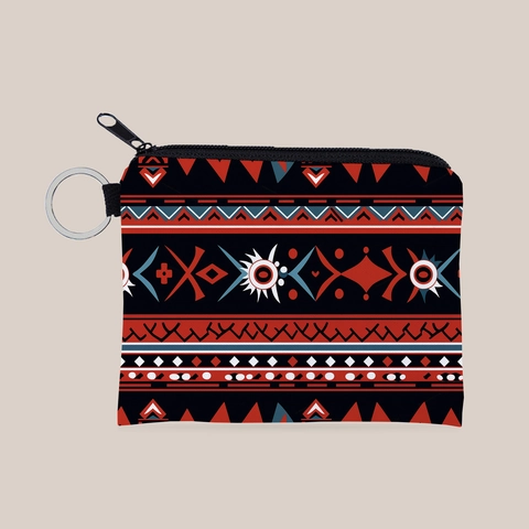 Aztec Geometric Print Mini Coin Purse Polyester Bohemian Retro Zipper Pouch With Keychain For Women Girls Daily Small Wallet