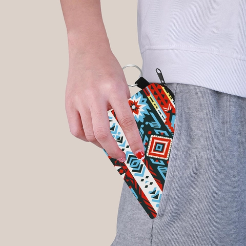 Porte-monnaie Imprimé Aztèque pour Femmes Polyester Petite Pochette Zippée Portable avec Porte-clés Portefeuille Ethnique Géométrique Cadeau