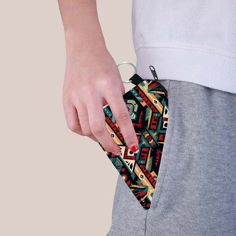 Monedero Étnico Con Estampado Azteca De Poliéster Con Cremallera Mini Billetera Con Llavero Para Mujer Patrón Geométrico Retro