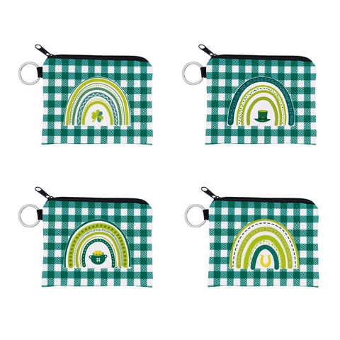St. Patrick's Day Bedruckte Münzbörse Tragbarer Schlüsselanhänger Kleeblatt Regenbogen Goldtopf Hufeisen Muster Kleiner Geldbeutel Damen Geschenk