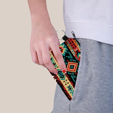 Aztec Geometric Print Coin Purse Polyester Pouch With Keychain Ring Zipper Mini Wallet For Women Girls Daily Accessory