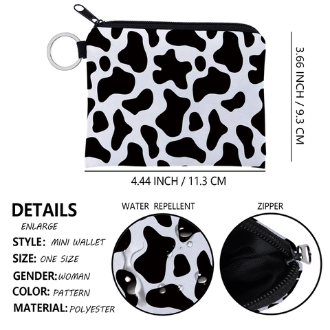 Cow Print Mini Coin Purse With Keychain Zipper Portable Small Pouch For Women Girls Polyester Water Repellent Pouch Bag