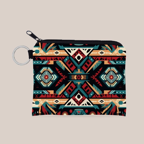 Monedero Étnico Con Estampado Azteca De Poliéster Con Cremallera Mini Billetera Con Llavero Para Mujer Patrón Geométrico Retro