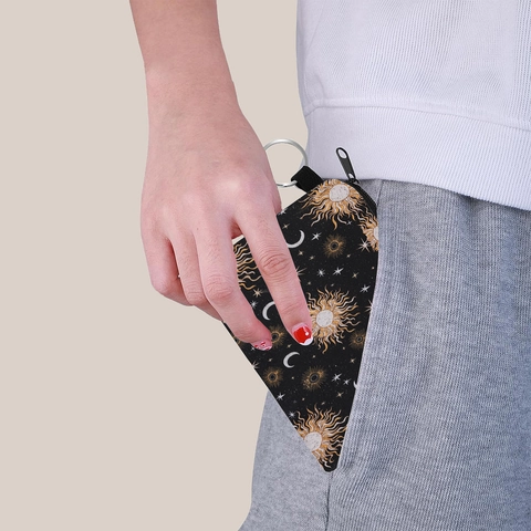 Porte-monnaie Portable en Polyester avec Fermeture Éclair et Anneau de Porte-clés Imprimé Soleil Lune Étoile Mini Sac de Rangement