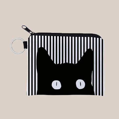 Portable Polyester Striped Cat Print Coin Purse With Keyring Zipper Water Repellent Mini Storage Wallet For Women Girls