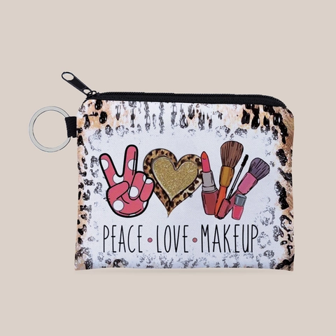 Womens Mini Coin Purse Polyester Leopard Print Peace Love Makeup Design Zippered Small Wallet Portable Keychain Bag Pouch