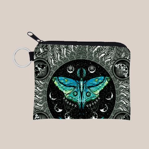Vintage Luna Moth Print Coin Purse Polyester Small Zippered Pouch With Keychain Mystical Mandala Wallet For Women Girls