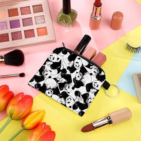 Porte-monnaie Femme en Polyester Motif Panda Mignon Mini Portefeuille Portable à Fermeture Éclair Avec Anneau Porte-clés Sac Étanche