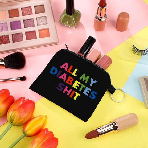 Funny All My Diabetes Shit Letter Print Mini Coin Purse For Women Polyester Small Zipper Wallet With Keychain Portable Bag