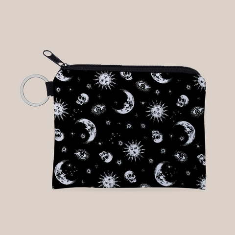 Mystical Sun Moon Print Coin Purse Polyester Mini Zipper Wallet With Keychain Hook Gothic Celestial Small Storage Bag For Women