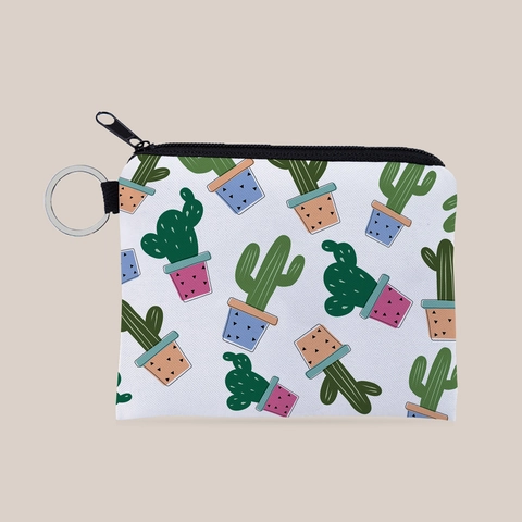 Cactus Print Polyester Coin Purse Mini Zipper Wallet With Keychain Portable Small Storage Bag For Women Everyday Use