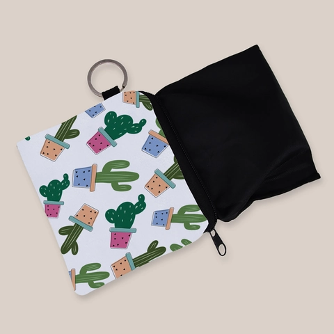 Cactus Print Polyester Coin Purse Mini Zipper Wallet With Keychain Portable Small Storage Bag For Women Everyday Use
