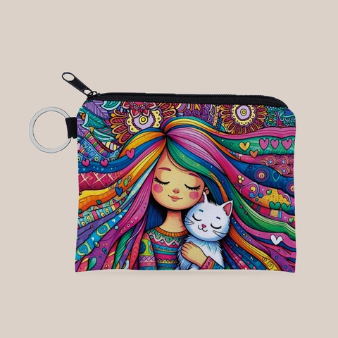 Women Mini Coin Purse Polyester Wallet With Girl And Cat Print Keychain Zipper Small Storage Bag For Daily Use