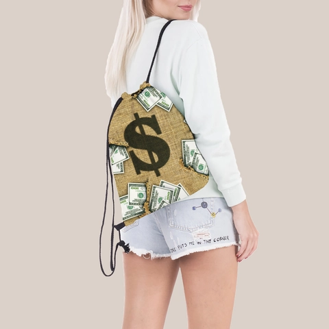 Creative Dollar Sign Money Print Drawstring Backpack Portable Polyester Burlap Sack Pattern String Bag For Travel Casual