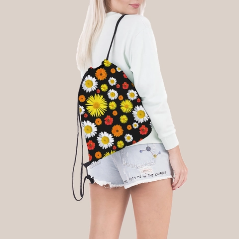 Damen Floral Kordelzug Rucksack Sonnenblume Gänseblümchen Druck Sportbeutel Tragbare Reise Aufbewahrungstasche Schwarz