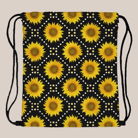 Sunflower Print Polka Dot Drawstring Backpack For Women Lightweight Polyester Cinch Sack For Travel Sport Daily Storage Bag
