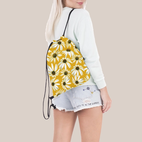 Zonnebloem Madeliefje Bloemenprint Dames Rugzak Met Trekoord Draagbare Reistas Polyester Lichtgewicht Opvouwbare Opbergtas