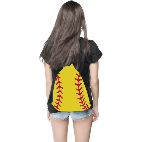 Softball Print Pattern Drawstring Backpack Yellow Polyester Sports Gym Bag For Women Portable Travel Storage String Bag
