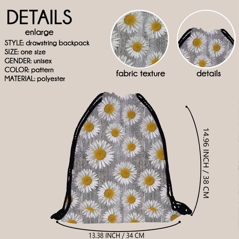 Dames Zonnebloem Print Rugzak met Trekkoord Draagbare Reis Opbergtas Lichtgewicht Polyester Madeliefje Patroon Tas