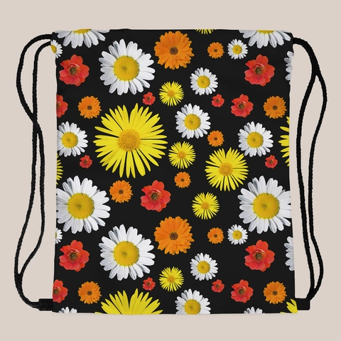 Damen Floral Kordelzug Rucksack Sonnenblume Gänseblümchen Druck Sportbeutel Tragbare Reise Aufbewahrungstasche Schwarz