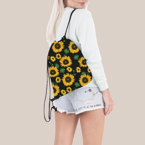 Sac à Dos à Cordon pour Femmes avec Imprimé Tournesol Sac de Rangement de Voyage Portable en Polyester Sac à Bandoulière Casual