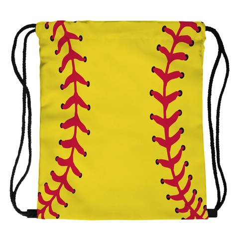 Softball Print Pattern Drawstring Backpack Yellow Polyester Sports Gym Bag For Women Portable Travel Storage String Bag