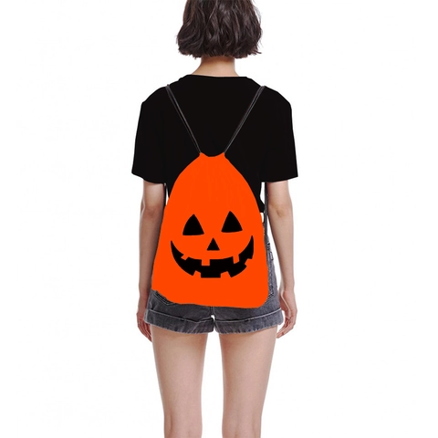 Halloween Pumpkin Print Drawstring Backpack Lightweight Polyester Storage Bag For Women Portable Travel Cinch Sack Party Favor