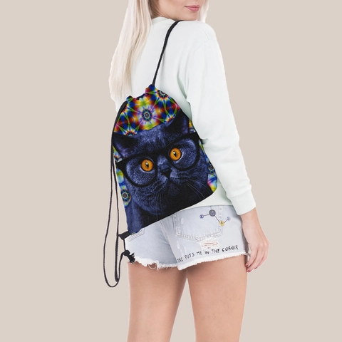 Damen Kordelzug Rucksack Mit Katzen-Print Farbiges Kaleidoskop-Muster Polyester Reisebeutel Sport Aufbewahrungstasche Für Damen