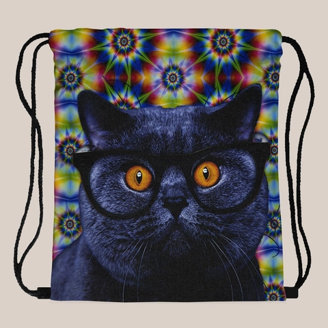 Damen Kordelzug Rucksack Mit Katzen-Print Farbiges Kaleidoskop-Muster Polyester Reisebeutel Sport Aufbewahrungstasche Für Damen