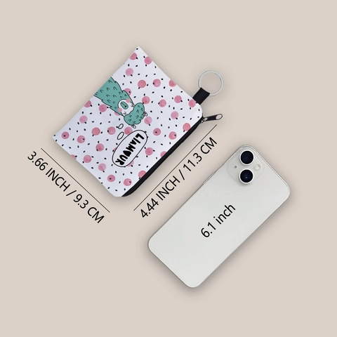 Cute Alpaca Pattern Printed Polyester Coin Purse Portable Small Pouch Key Bag With Metal Keychain For Women Girls Gift