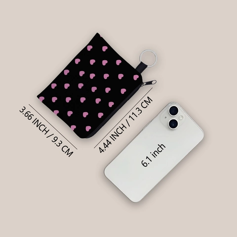 Women Mini Polyester Coin Purse Heart Print Wallet With Key Ring Small Zipper Money Pouch Portable Key Case Black Pink Bag