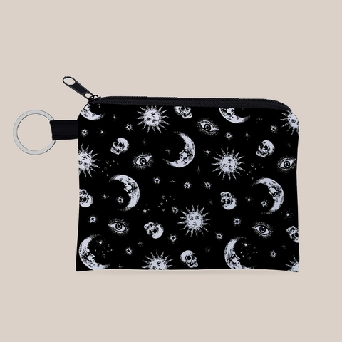 Gothic Celestial Print Coin Purse Black Polyester Mini Wallet With Keychain Sun Moon Star Pattern Small Pouch For Women Girls