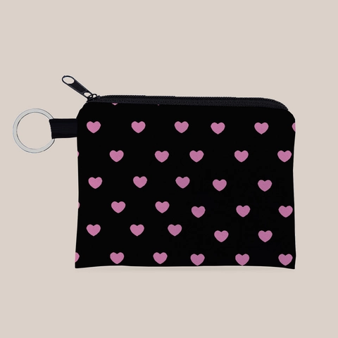 Women Mini Polyester Coin Purse Heart Print Wallet With Key Ring Small Zipper Money Pouch Portable Key Case Black Pink Bag