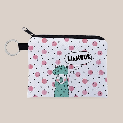 Cute Alpaca Pattern Printed Polyester Coin Purse Portable Small Pouch Key Bag With Metal Keychain For Women Girls Gift