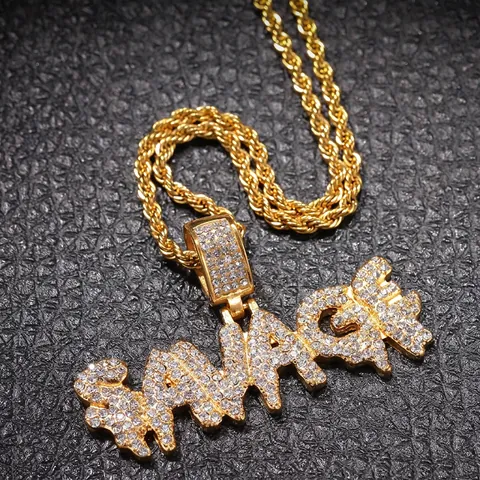Hip Hop SAVAGE Alphabet Anhänger Halskette Für Herren Edelstahl Vergoldet Strass Eingelegt Seilgliederkette Schmuck Geschenk